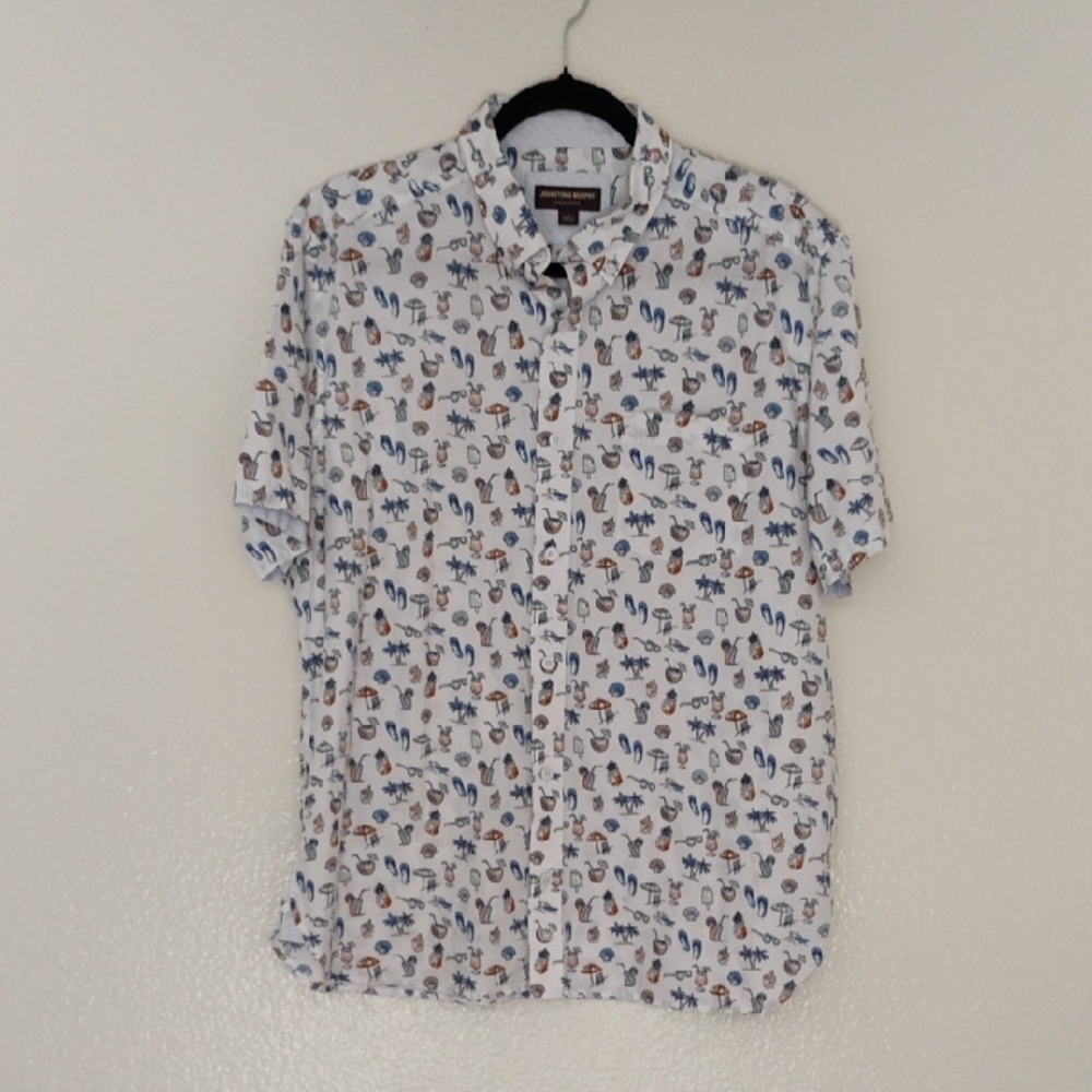 Johnston & Murphy White Short-Sleeve Button-Down with Blue and Brown Motifs